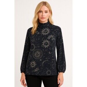 Johnny Was Women’s Celestial Print Top XL Black Mock Neck Rayon Stretch Boho